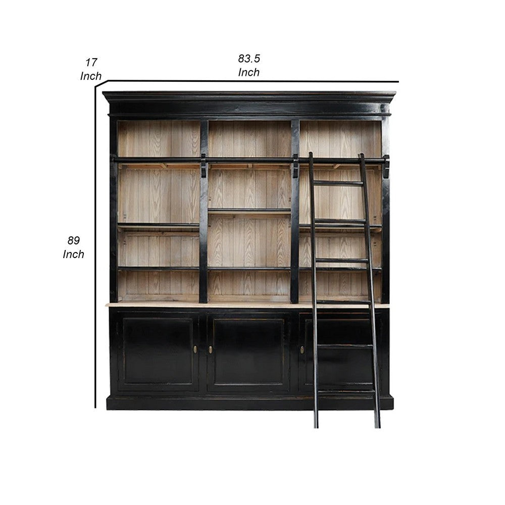 89 Inch Bookcase with Sliding Ladder 3 Doors 4 Adjustable Shelves Black By Casagear Home BM299500