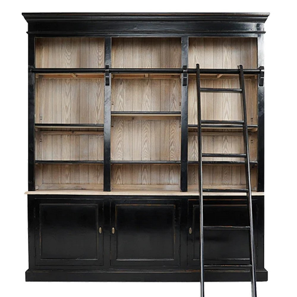 89 Inch Bookcase with Sliding Ladder, 3 Doors, 4 Adjustable Shelves, Black By Casagear Home