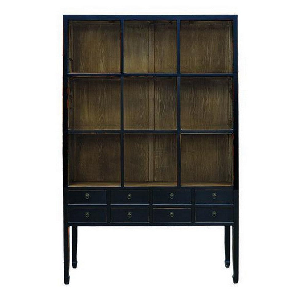 91 Inch Storage Cabinet, 3 Black Framed Shelves, 8 Drawers with Metal Knobs By Casagear Home