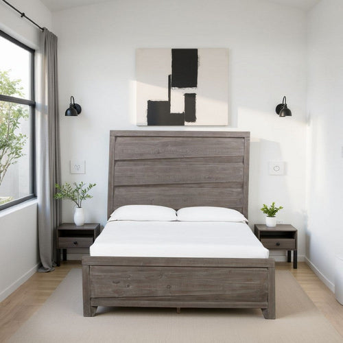 Vero Queen Size Bed, Roughhewn Washed Brown Wood, Asymmetric Panel Design
