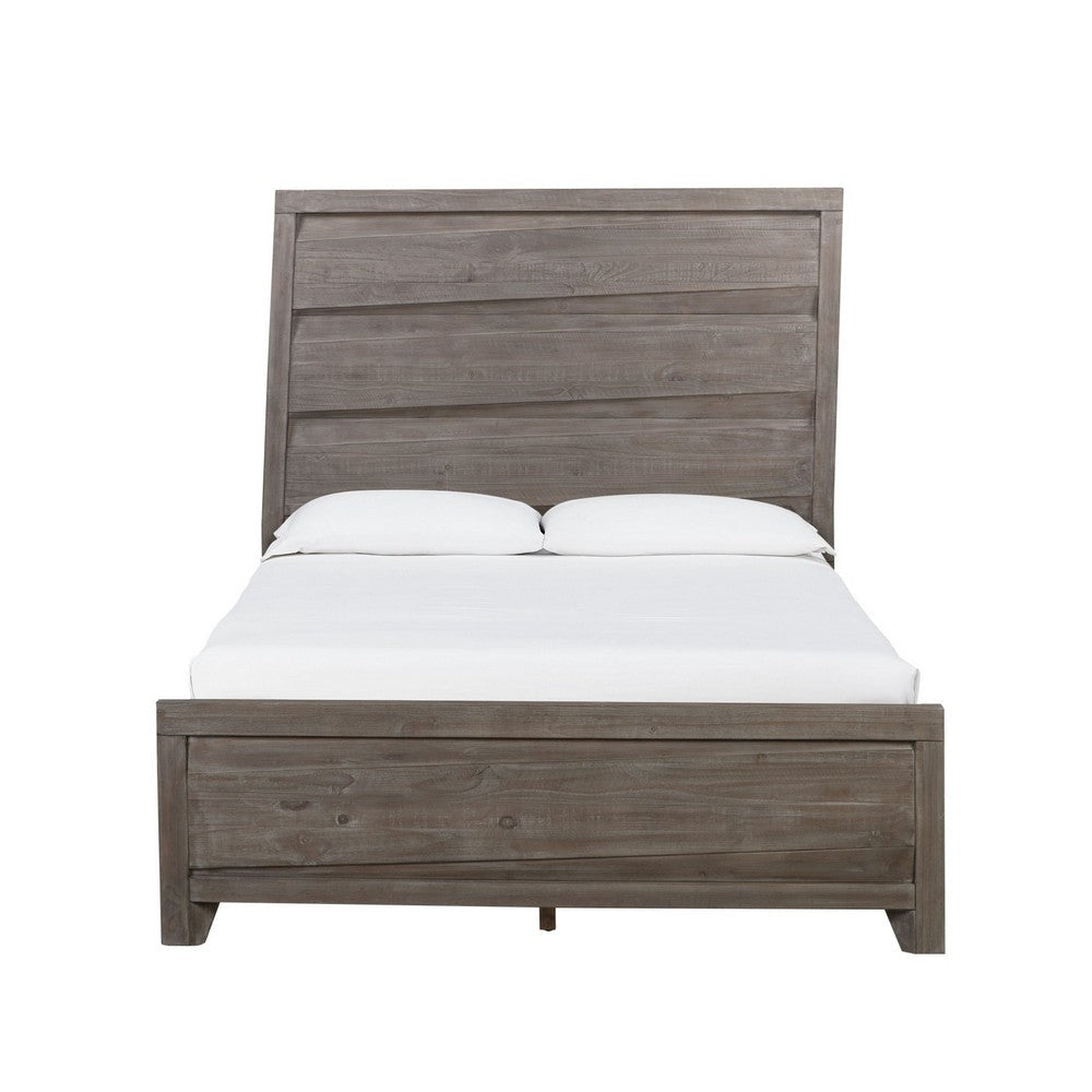 Vero Queen Size Bed, Roughhewn Washed Brown Wood, Asymmetric Panel Design