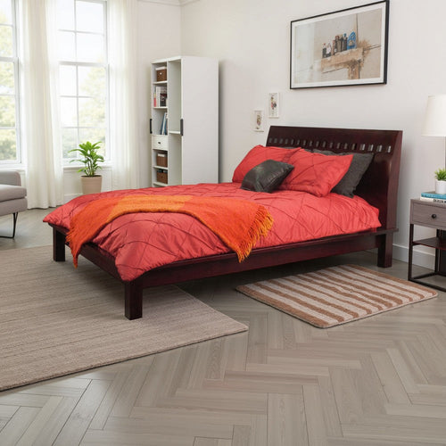 Mox King Platform Bed, Espresso Brown Wood, Cut Out Headboard, Block Legs