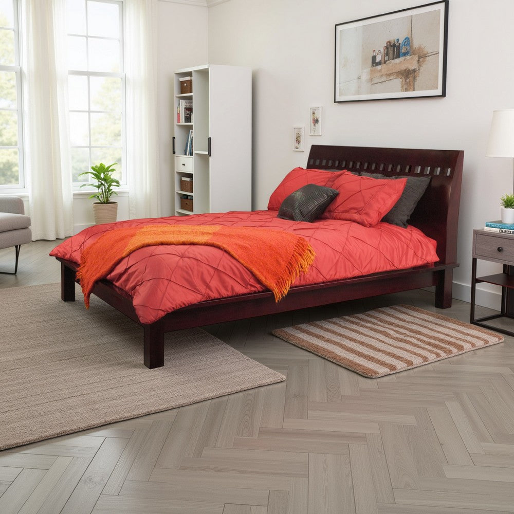 Mox King Platform Bed, Espresso Brown Wood, Cut Out Headboard, Block Legs