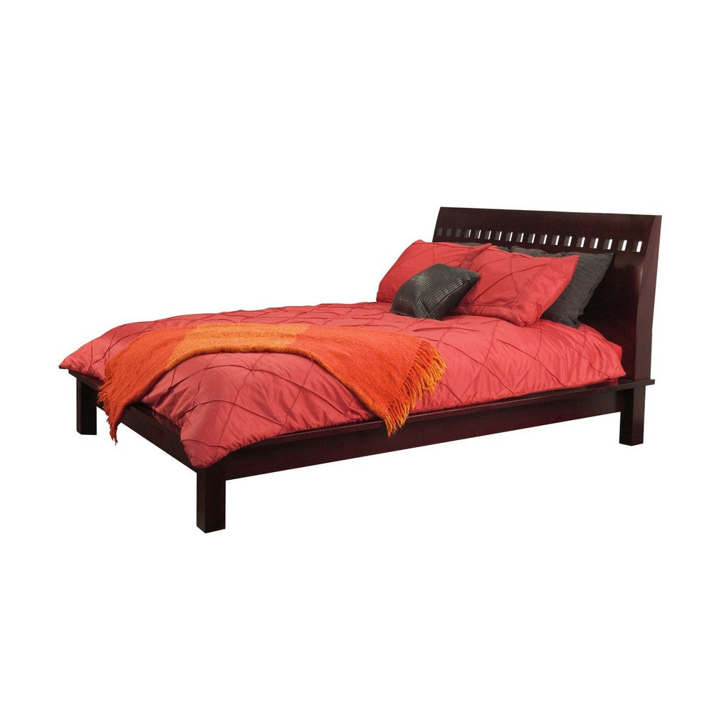 Mox King Platform Bed, Espresso Brown Wood, Cut Out Headboard, Block Legs
