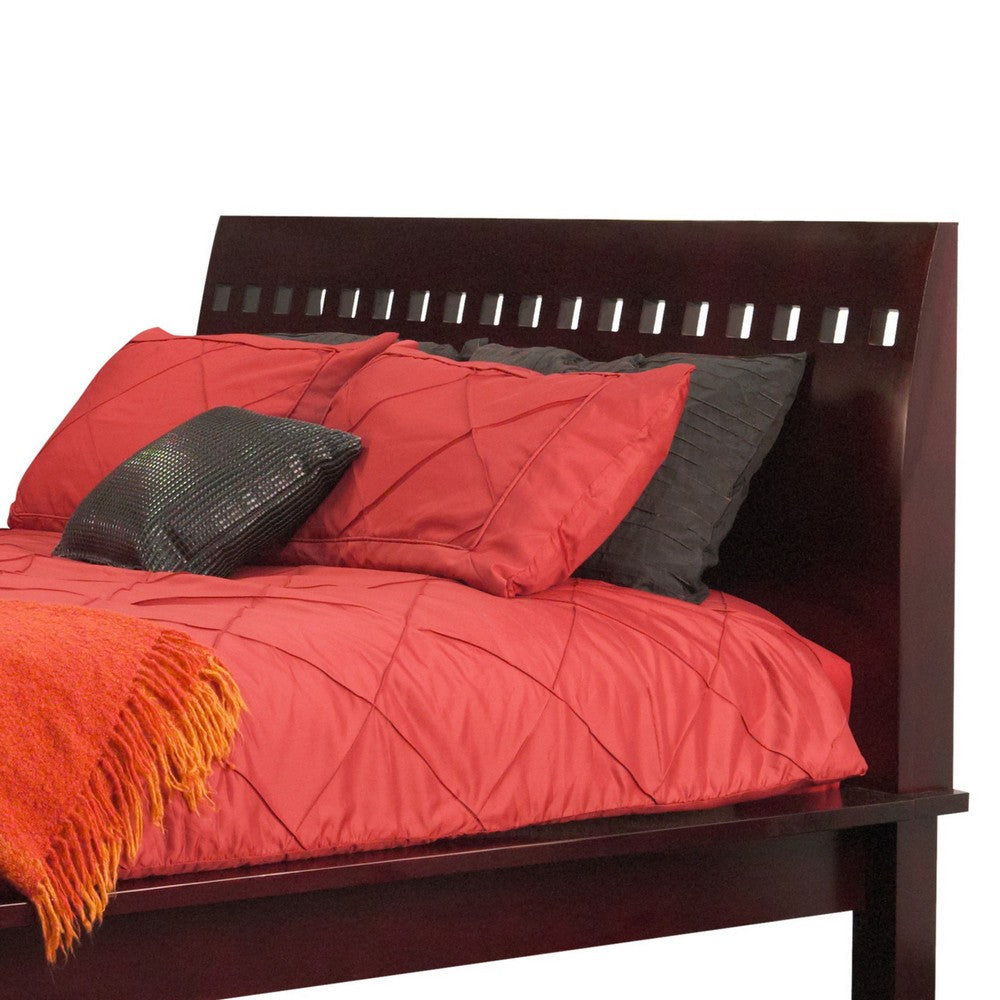 Mox Queen Platform Bed Espresso Brown Wood Cut Out Headboard Block Legs BM299541