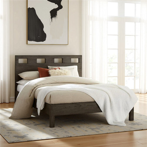 Yee King Bed, Gray Wood, 4 Side Drawers, Cut Out Headboard Design