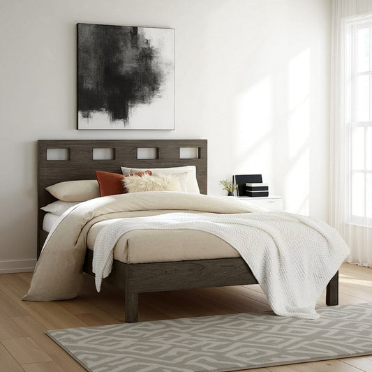 Yee Queen Bed, Gray Wood, 4 Side Drawers, Cut Out Headboard Design