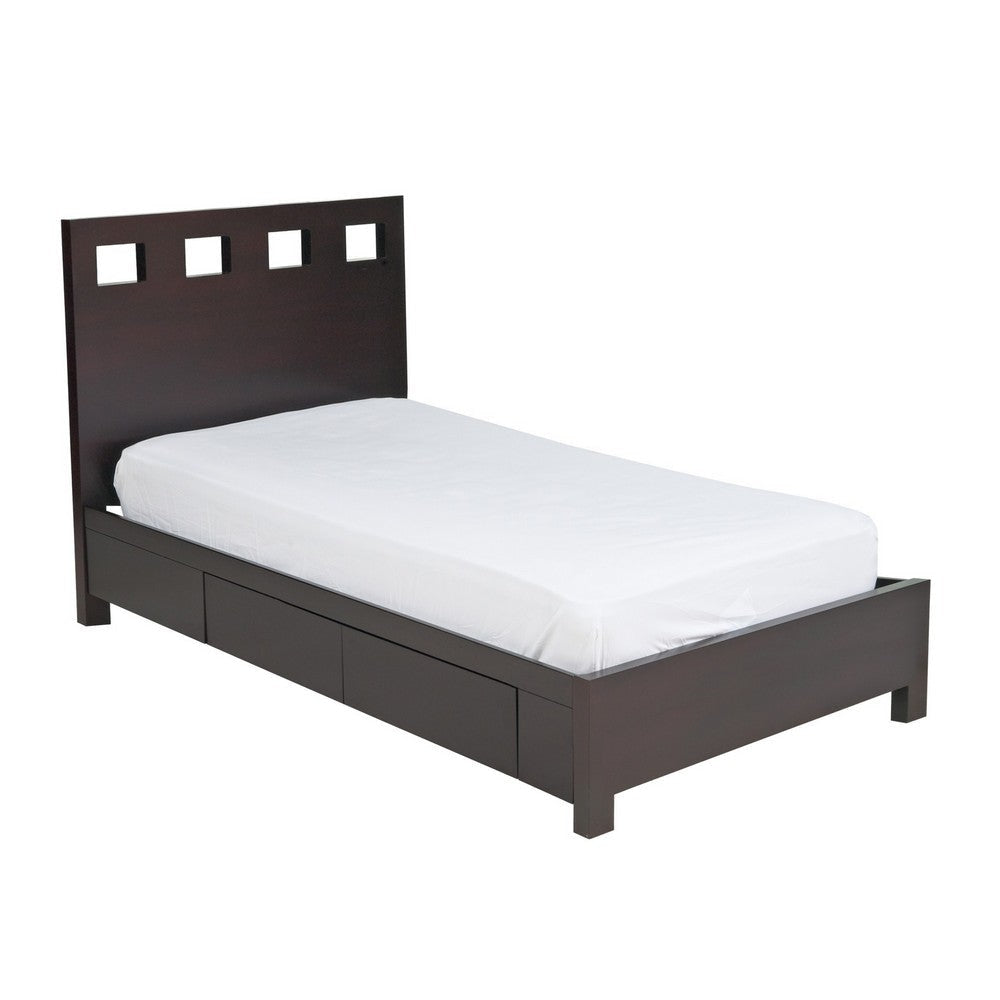 Yee King Storage Bed, Espresso Brown Finish, 4 Drawers, Cut Out Headboard