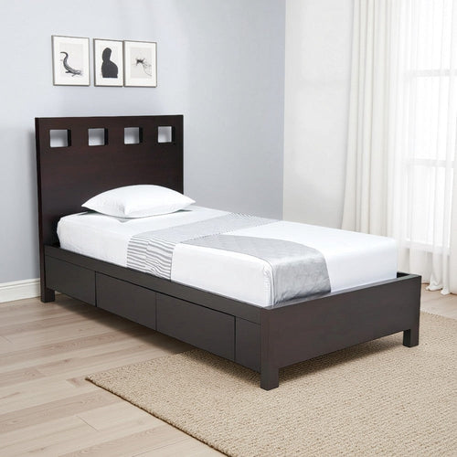 Yee Queen Storage Bed, Espresso Brown Finish, 4 Drawers, Cut Out Headboard
