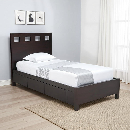 Yee Queen Storage Bed, Espresso Brown Finish, 4 Drawers, Cut Out Headboard