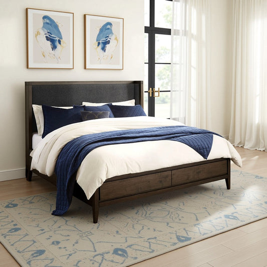 Enzo California King Storage Bed, Upholstered Headboard, Brown Mahogany