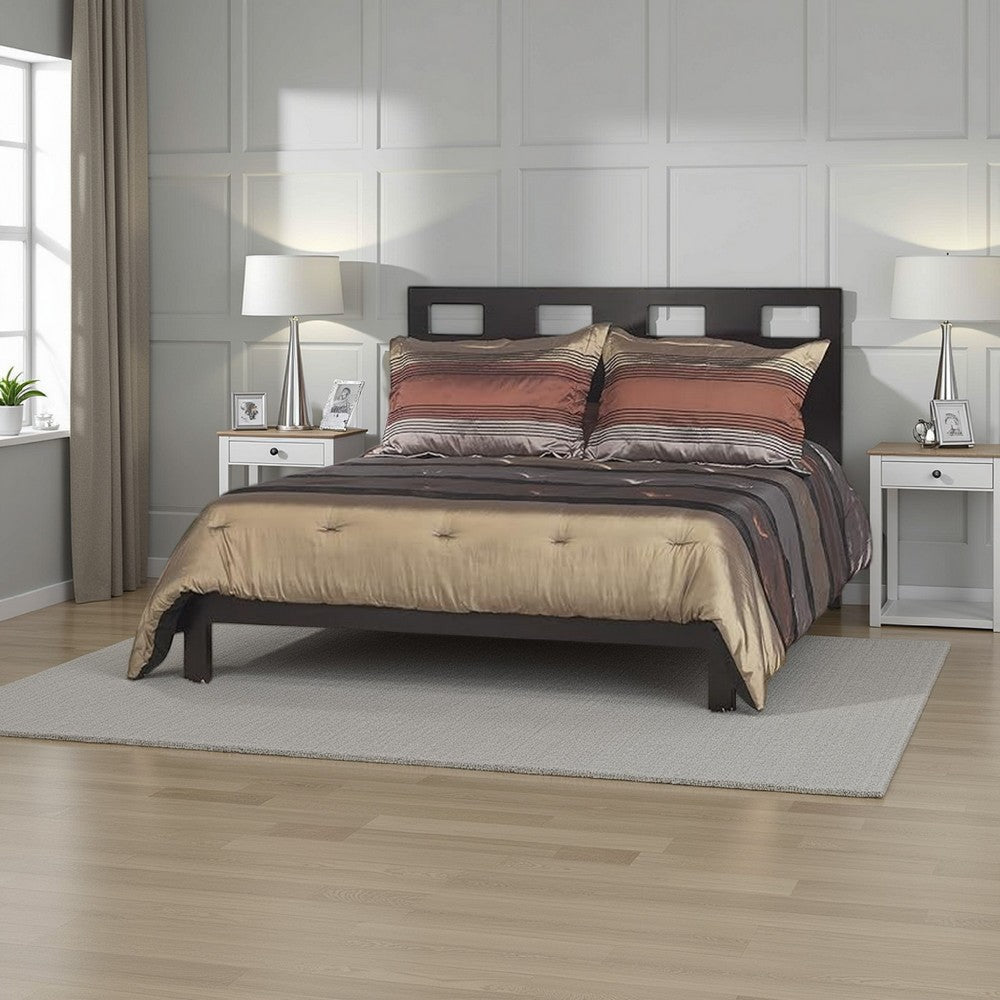 Yee King Size Platform Bed, Cut Out Panel Headboard, Espresso Brown Wood
