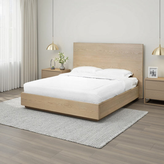 Aziel Queen Platform Bed, Panel Headboard, Mitered Edges, White Oak Brown