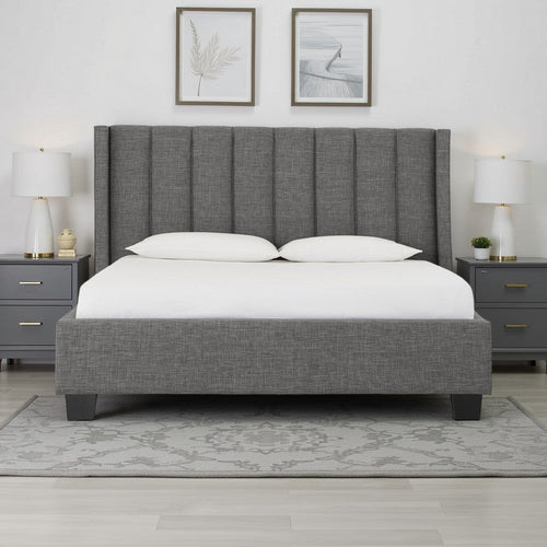 Layla Full Size Platform Bed, Tall Vertical Tufted Shelter Headboard, Gray