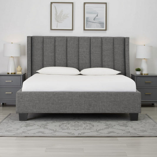 Layla Full Size Platform Bed, Tall Vertical Tufted Shelter Headboard, Gray