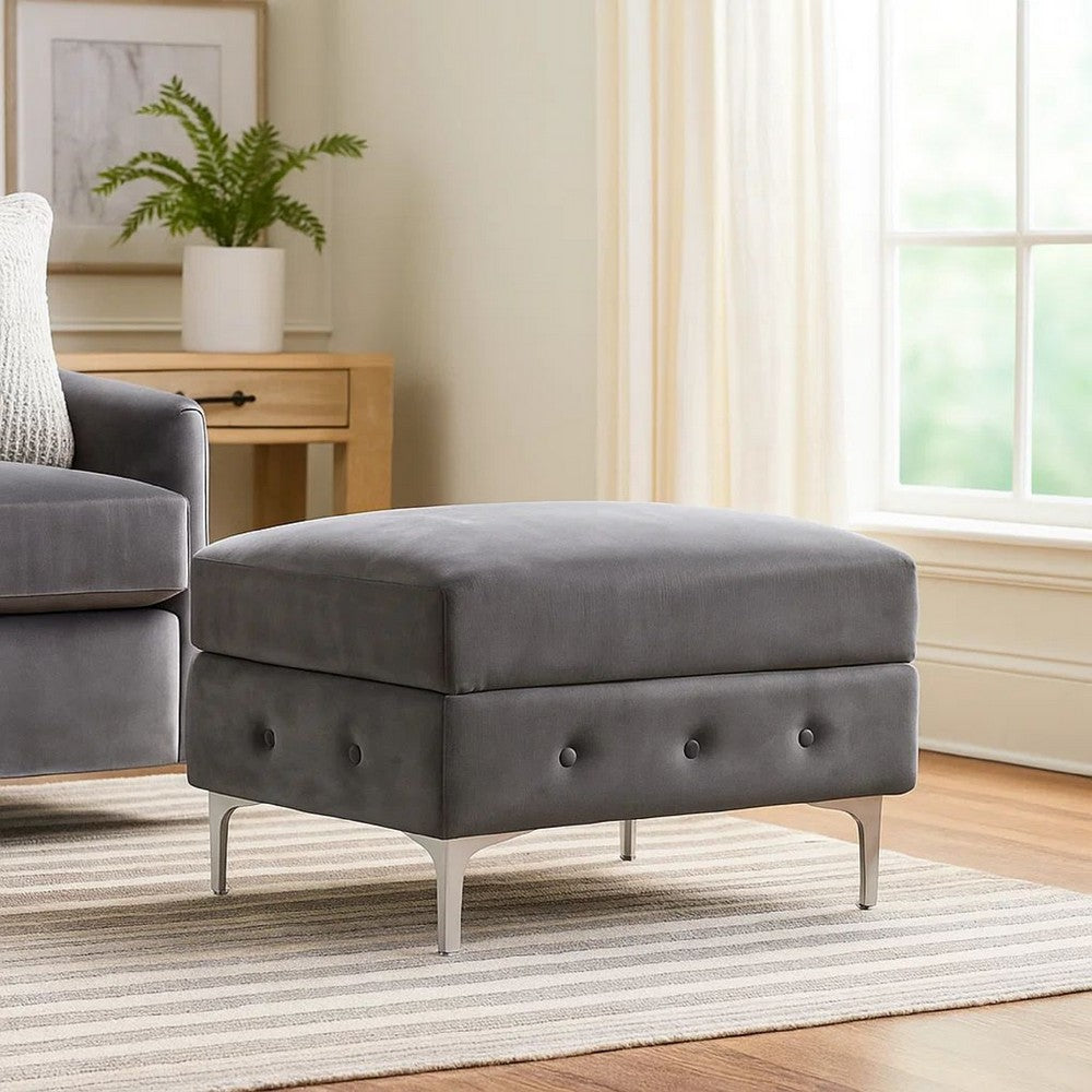 Anzo 32 Inch Square Ottoman, Button Tufting, Chrome Plated Steel Legs, Gray