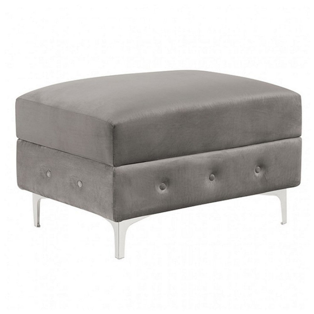 Anzo 32 Inch Square Ottoman, Button Tufting, Chrome Plated Steel Legs, Gray