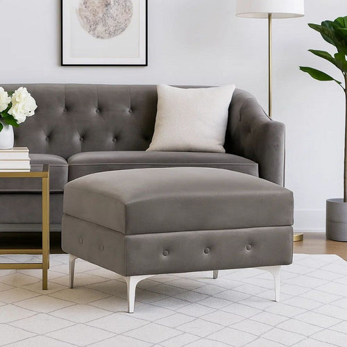 Anzo 32 Inch Square Ottoman, Button Tufting, Chrome Plated Steel Legs, Gray