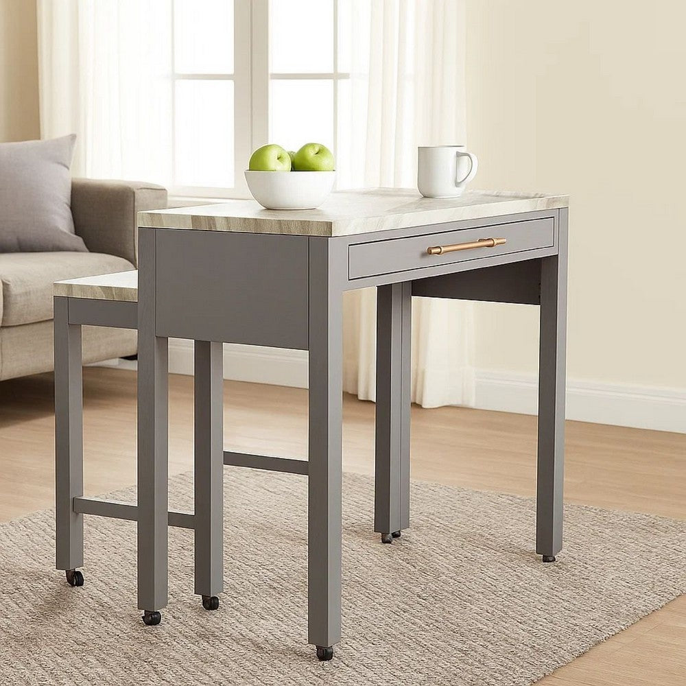 39 Inch Faux Marble Top Table with Felt Lined Storage Drawer, Gray, White