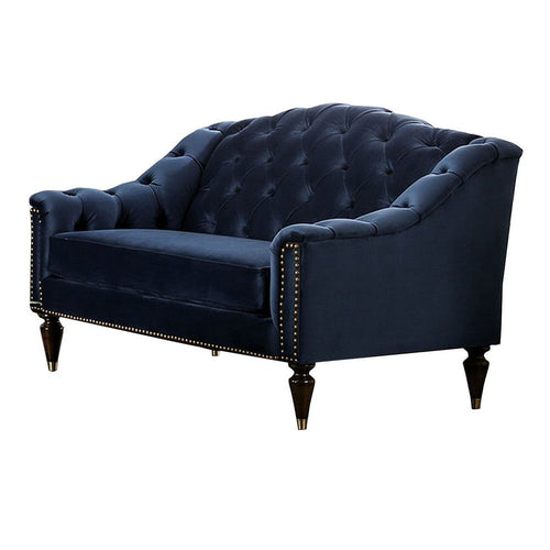 Cin 68 Inch Loveseat, Tufted Camelback Bench Seat, Nailhead Trim, Blue