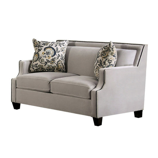 Kiyi 64 Inch Loveseat, 4 Pillows, Cushion Seating, Nailhead Trim, Gray