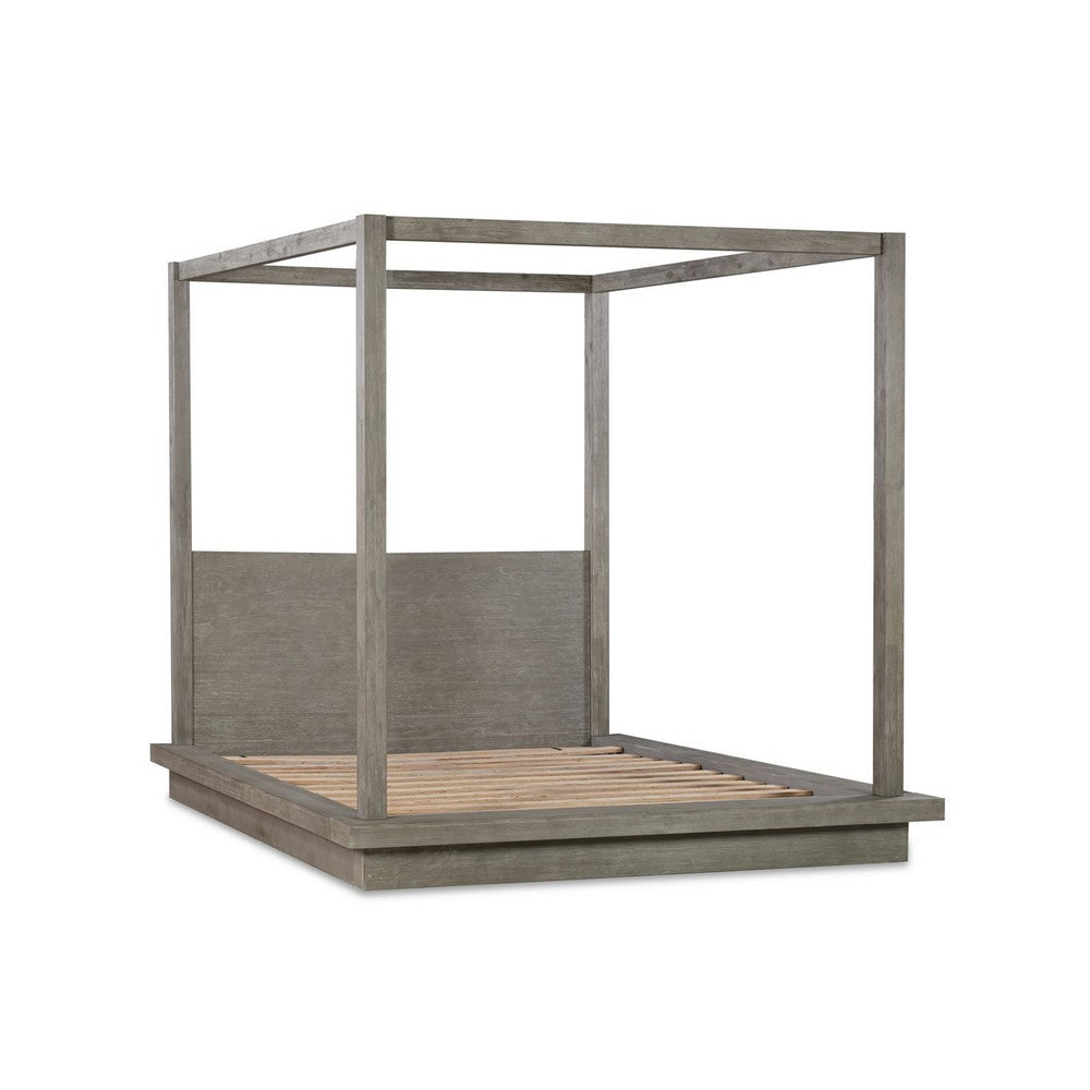 Nels Queen Platform Canopy Bed, Low Profile, Mitered Edges, Mineral Gray