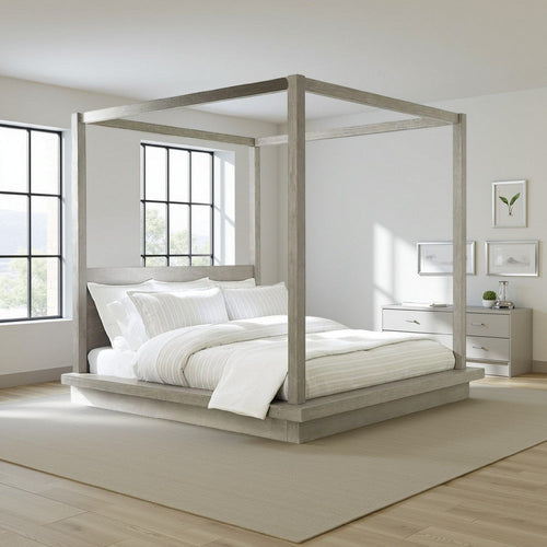 Nels Full Platform Canopy Bed, Low Profile, Mitered Edges, Mineral Gray