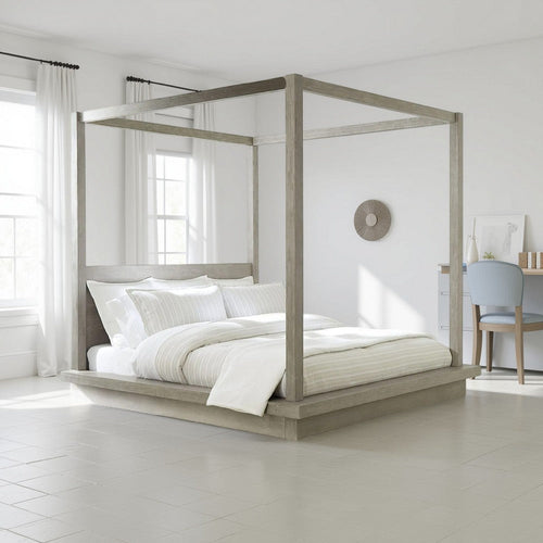 Nels King Platform Canopy Bed, Low Profile, Mitered Edges, Mineral Gray