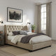 Pax Queen Bed, Storage Footboard, Button Tufted Upholstery, Beige Linen