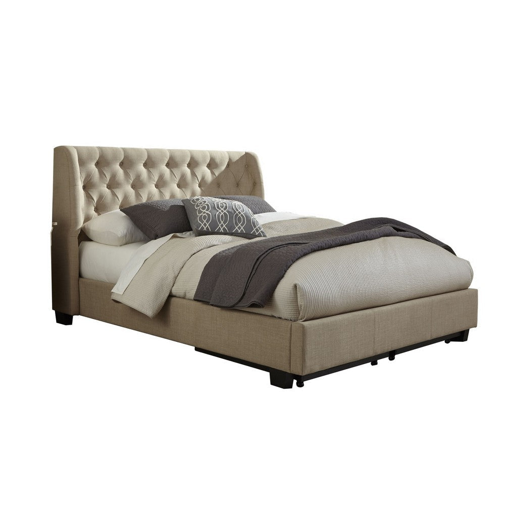 Pax Queen Bed, Storage Footboard, Button Tufted Upholstery, Beige Linen