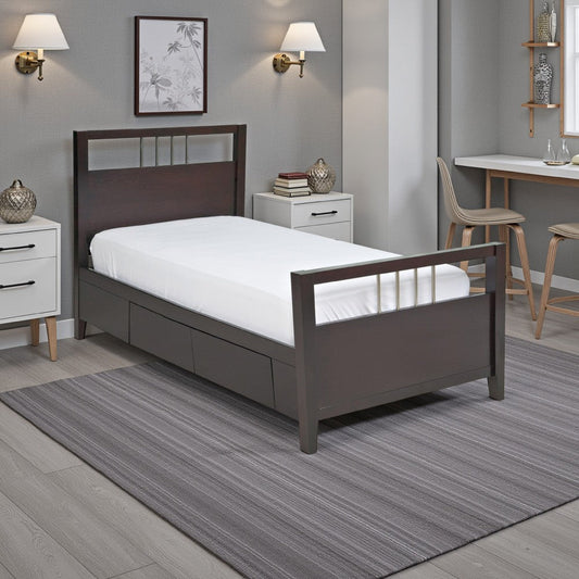 Fang Twin Size Storage Bed, Sleigh Headboard, 4 Drawers, Espresso Brown