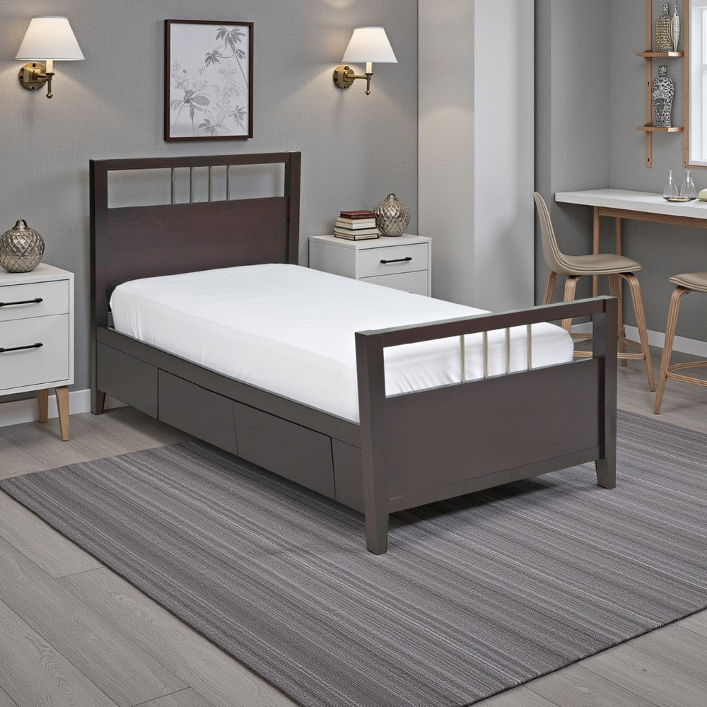 Fang Twin Size Storage Bed, Sleigh Headboard, 4 Drawers, Espresso Brown