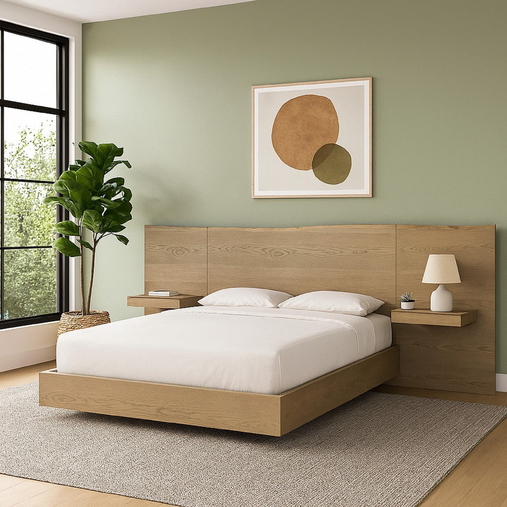 Aziel Queen Size Bed, Live Edge Headboard, Floating Side Shelves, Brown