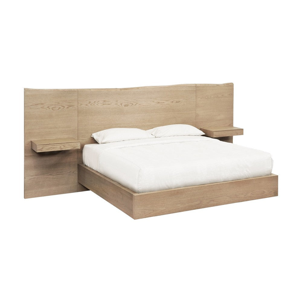 Aziel Queen Size Bed, Live Edge Headboard, Floating Side Shelves, Brown