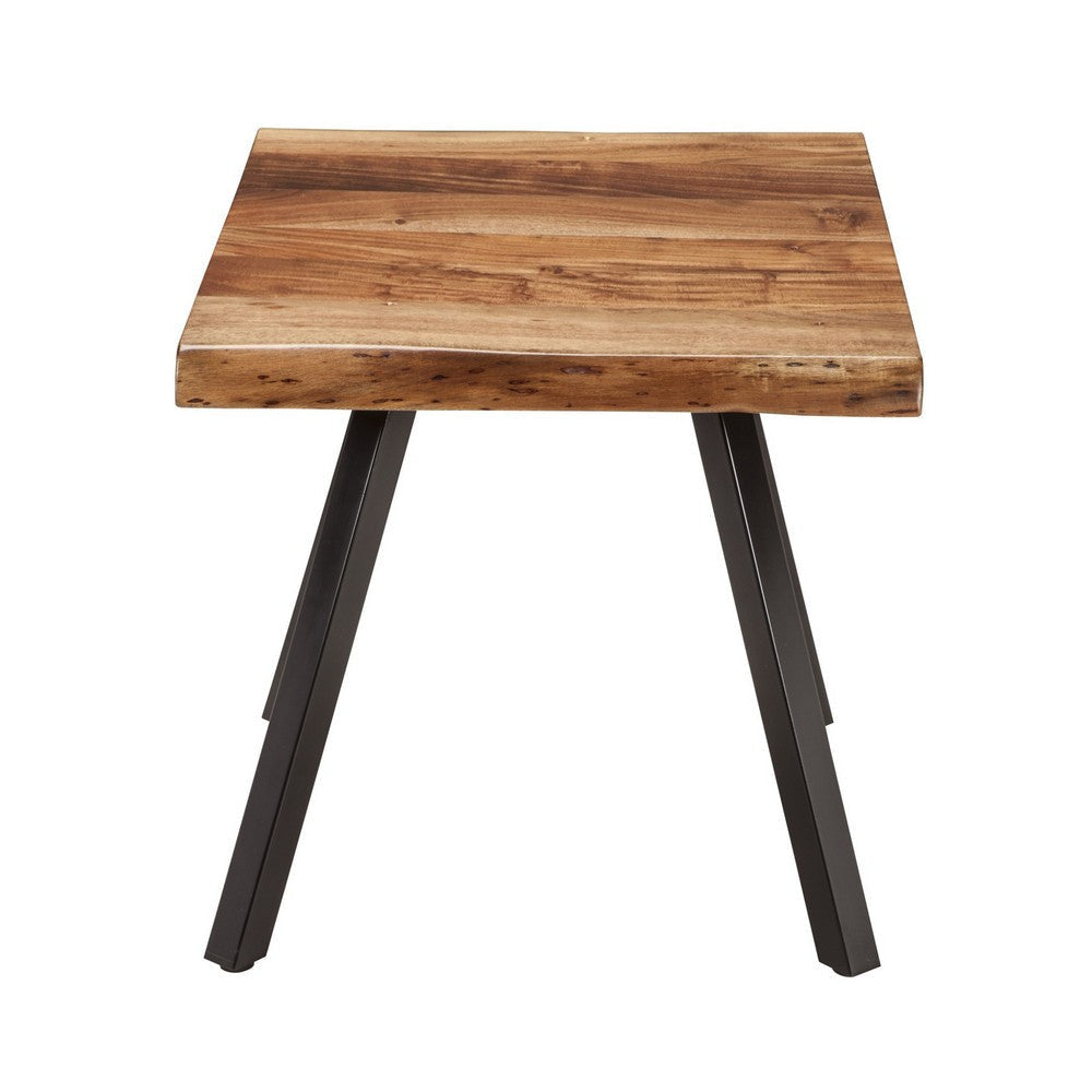 24 Inch Brown Acacia Wood End Table Live Edges Angular Black Metal Legs BM299758