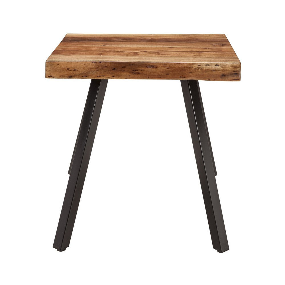 24 Inch Brown Acacia Wood End Table Live Edges Angular Black Metal Legs BM299758