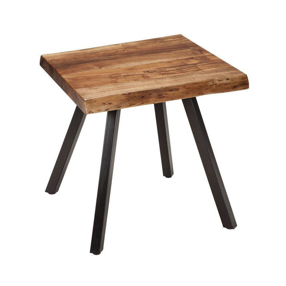 24 Inch Brown Acacia Wood End Table, Live Edges, Angular Black Metal Legs