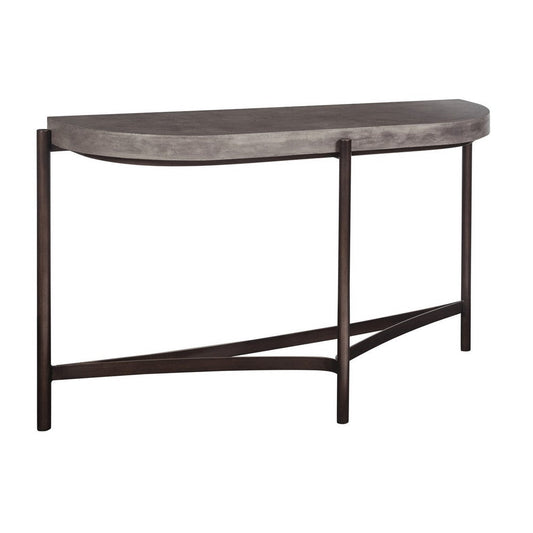 Agar 30 Inch Semi Circular Console Table, Concrete Top, Bronze Steel Legs