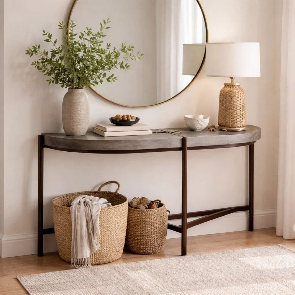 Agar 30 Inch Semi Circular Console Table, Concrete Top, Bronze Steel Legs