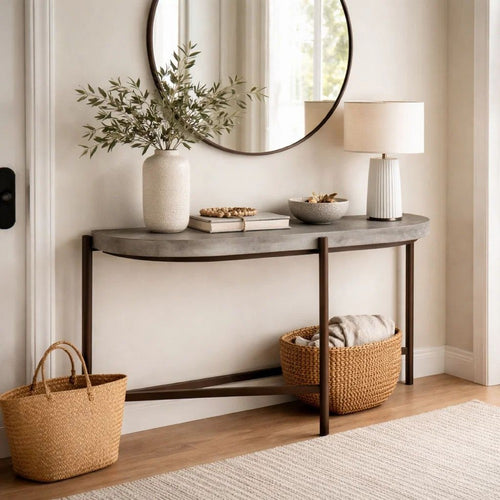 Agar 30 Inch Semi Circular Console Table, Concrete Top, Bronze Steel Legs