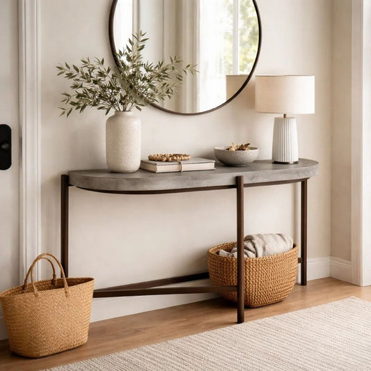 Agar 30 Inch Semi Circular Console Table, Concrete Top, Bronze Steel Legs