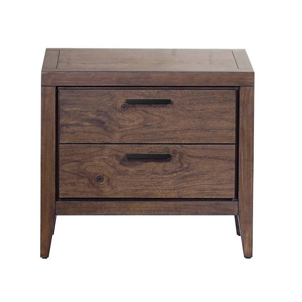 Enzo 28 Inch 2 Drawer Nightstand Brown Wood USB Charging Black Handles BM299761
