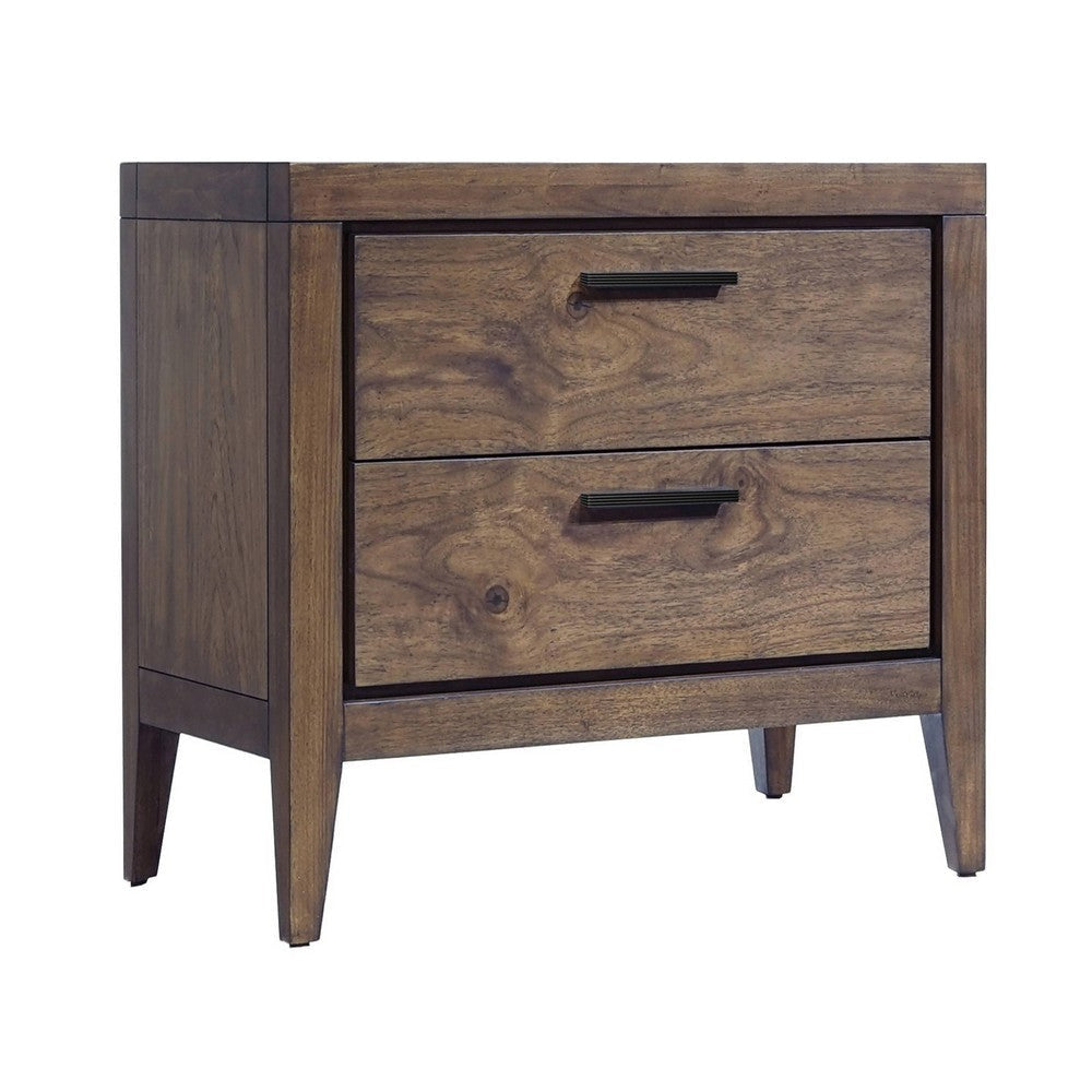 Enzo 28 Inch 2 Drawer Nightstand Brown Wood USB Charging Black Handles BM299761