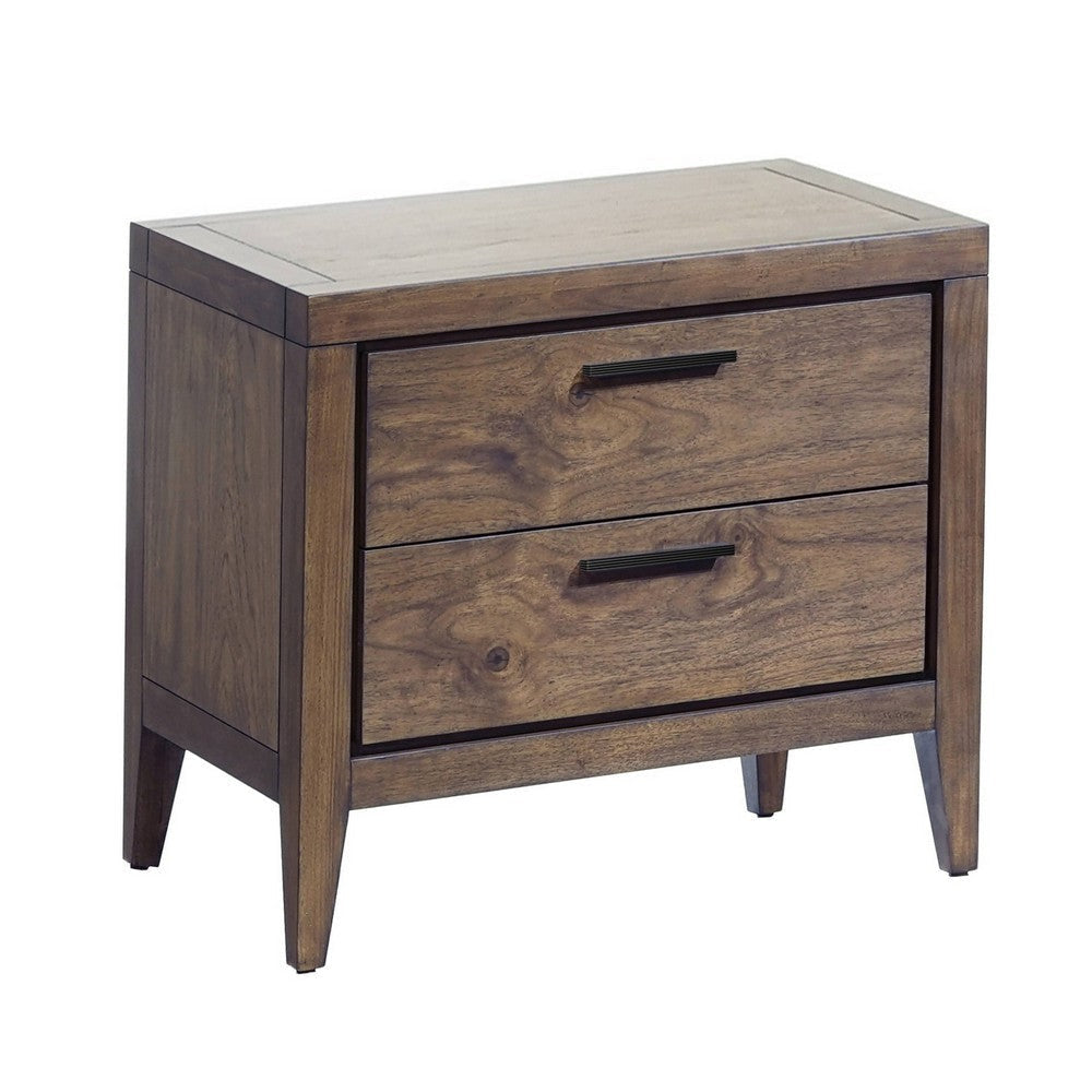 Enzo 28 Inch 2 Drawer Nightstand Brown Wood USB Charging Black Handles BM299761