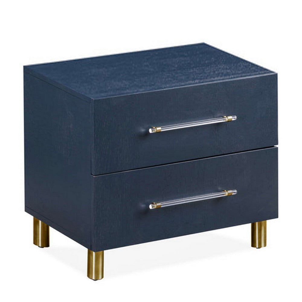 Herst 26 Inch Nightstand, Navy Blue Wood, 2 Drawers, Cylindrical Brass Legs