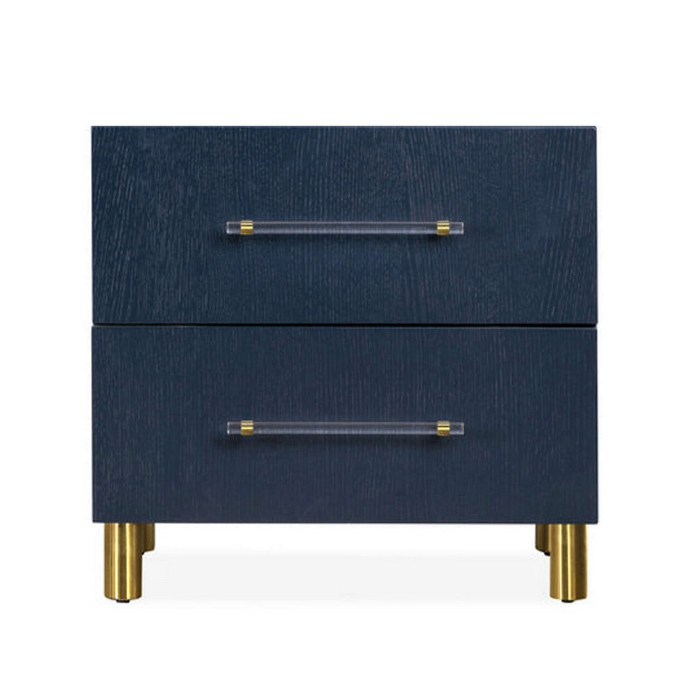 Herst 26 Inch Nightstand Navy Blue Wood 2 Drawers Cylindrical Brass Legs BM299764