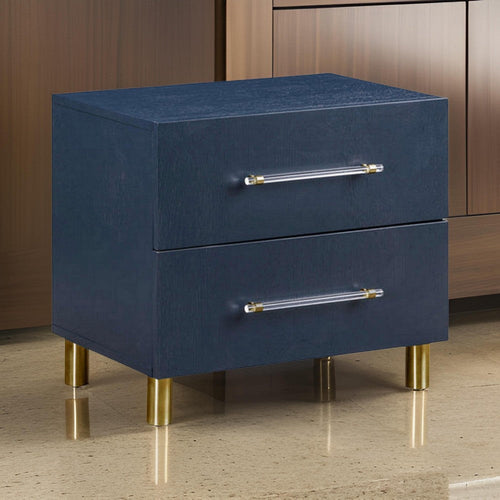 Herst 26 Inch Nightstand Navy Blue Wood 2 Drawers Cylindrical Brass Legs BM299764