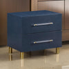 Herst 26 Inch Nightstand, Navy Blue Wood, 2 Drawers, Cylindrical Brass Legs