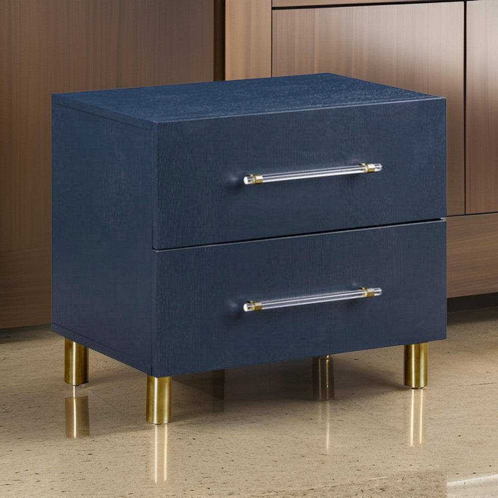 Herst 26 Inch Nightstand, Navy Blue Wood, 2 Drawers, Cylindrical Brass Legs