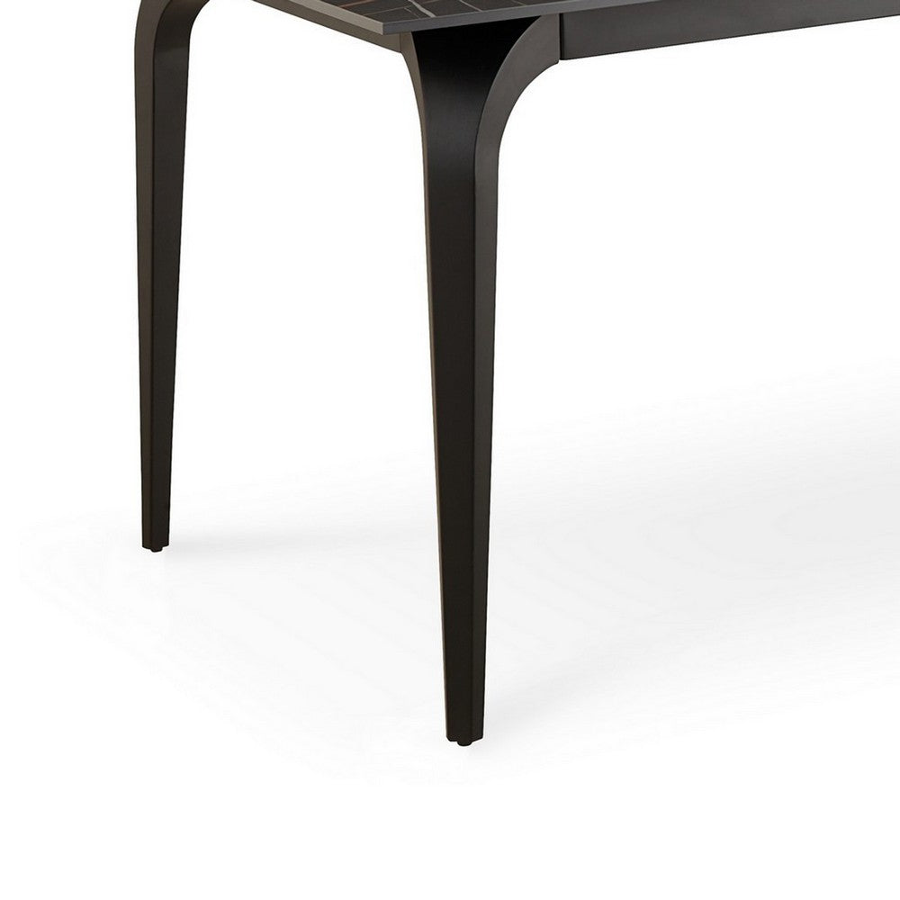 Gower 71 Inch Rectangular Dining Table, Black Stone Top, Black Metal Base